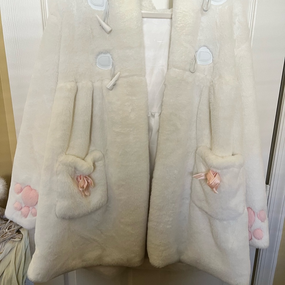 Kids Plush Cream Faux-Fur Coat with Pink Accents